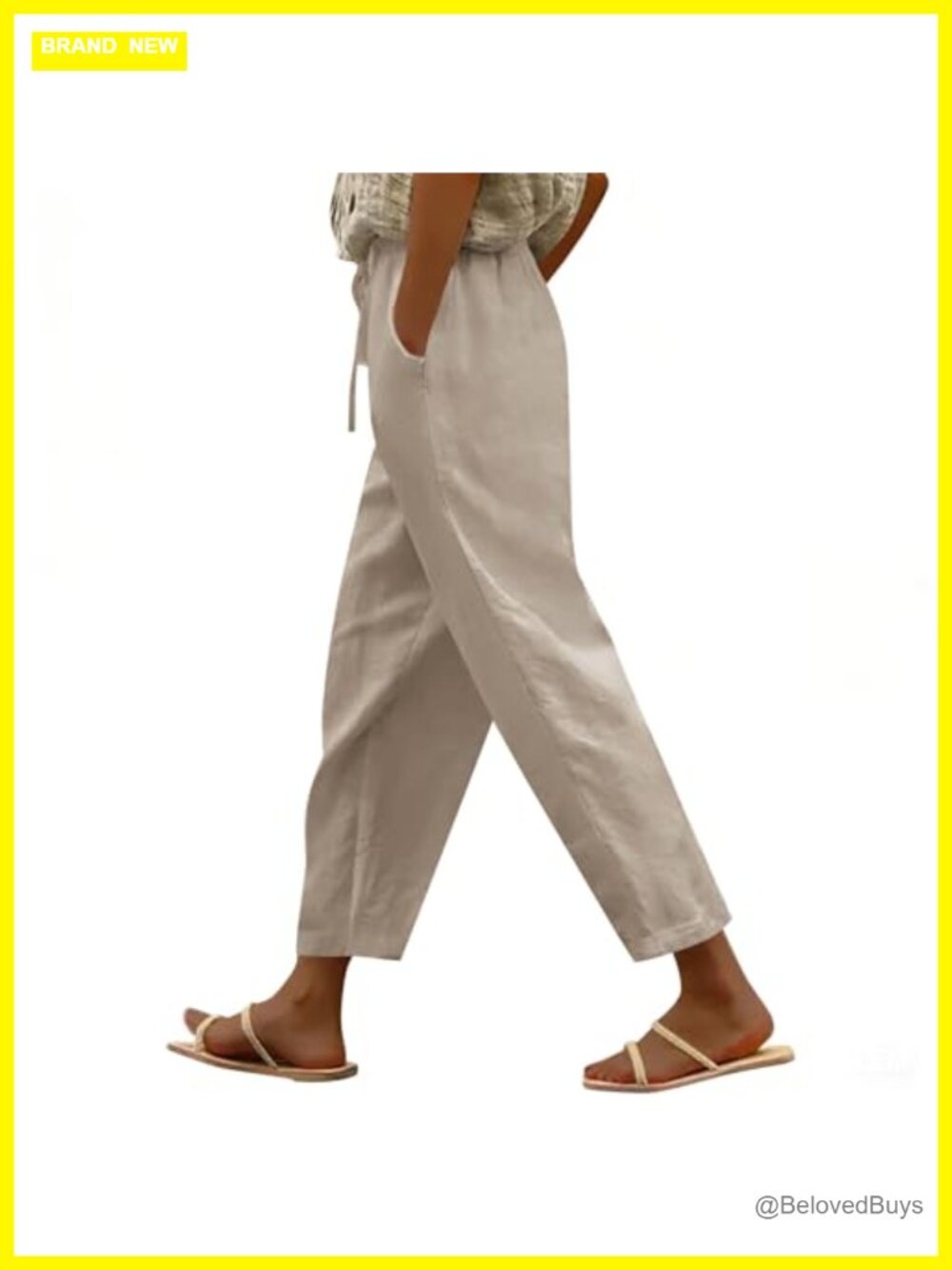 Cotton Linen Pants Women Lightweight Drawstring Capri Beach Summer